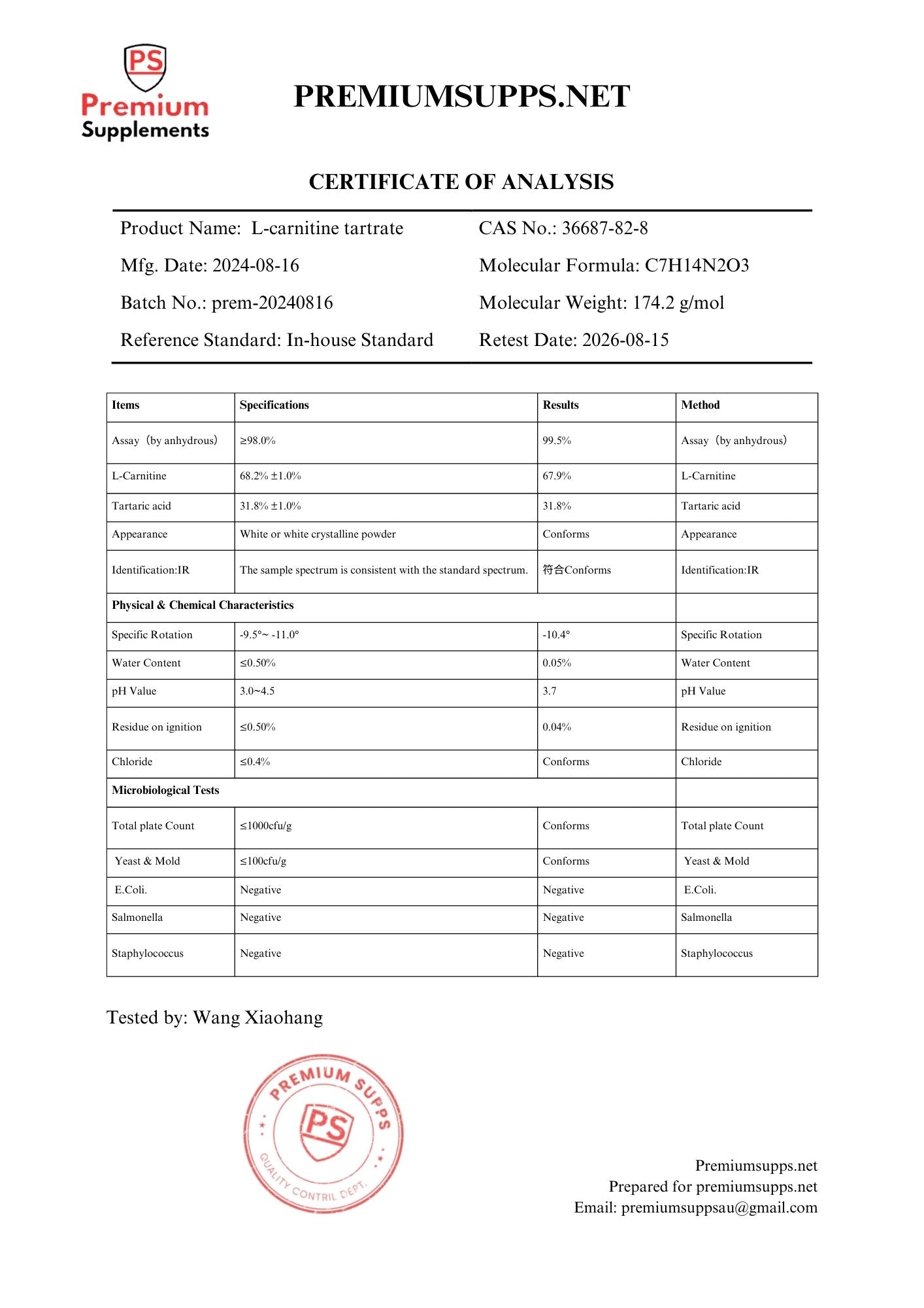 Lab Test - L Carnitine tartrate - Premiumsupps