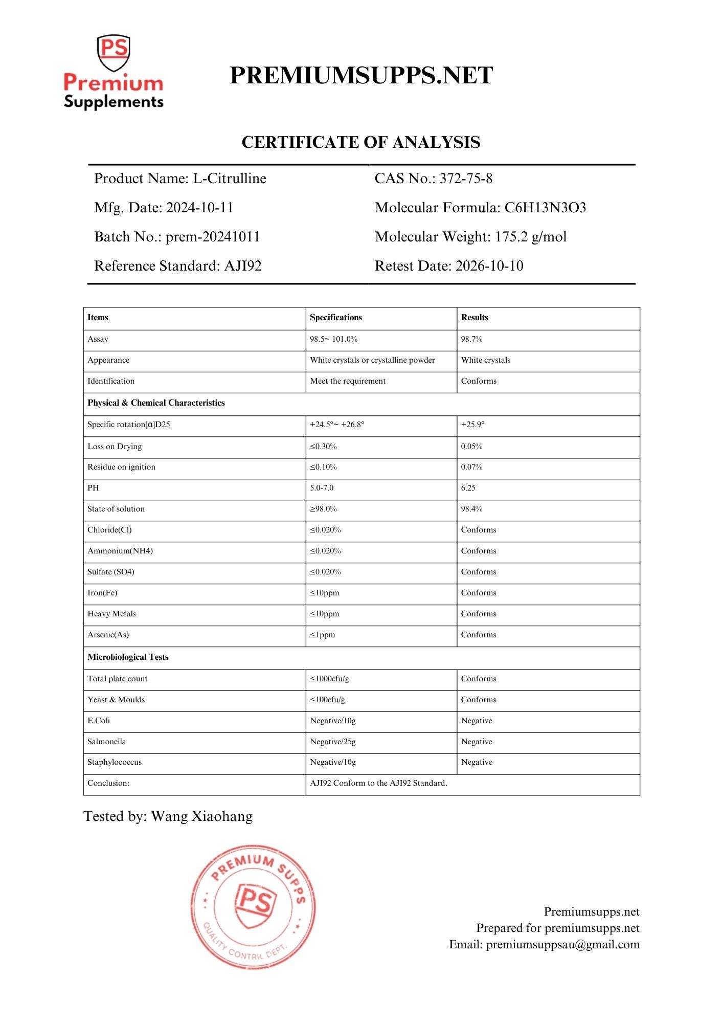 Lab Test - L Citrulline - Premiumsupps