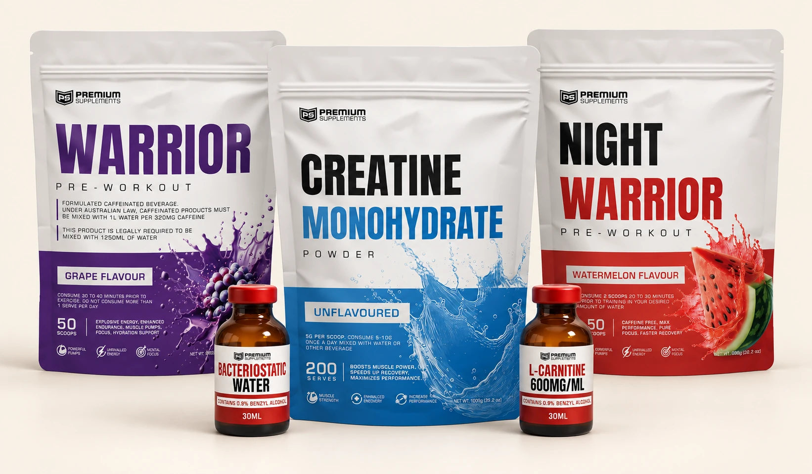 Premium Supps Warrior, Creatine Monohydrate, Night Warrior, Bacteriostatic Water and L-Carnitine